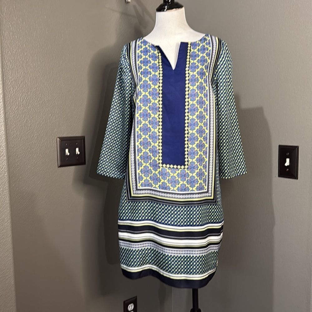 The Limited Blue and Green 3/4 length Sleeve Patterned Dress